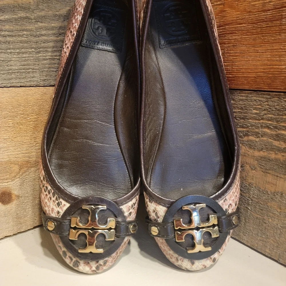 Tory Burch Women's Ballet Flats In Shades Of Brown Snakeskin Leather Size 7.5